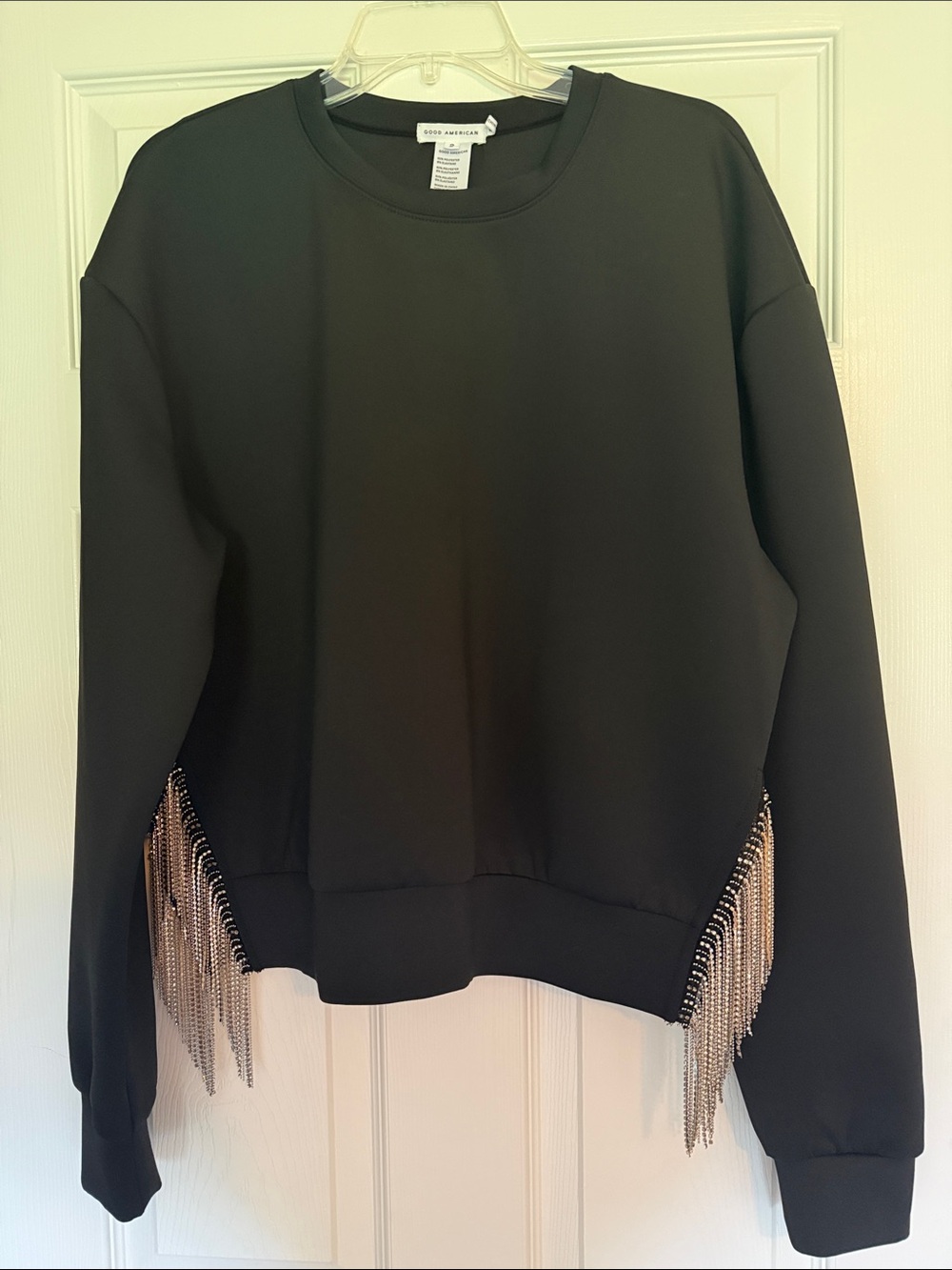 Good American Black Crewneck Sweatshirt with Silver Rhinestone Fringe